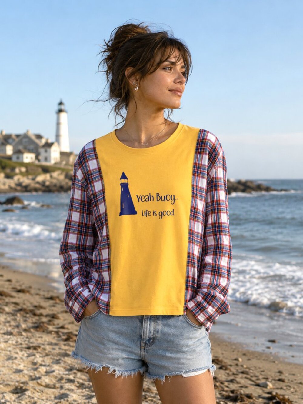 Upcycled Graphic Tee Flannel Sleeves, Oversized Lighthouse Pullover Shirt S-M